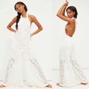 EUC! Free People Ivory Crochet Halter Jumpsuit, Size Small